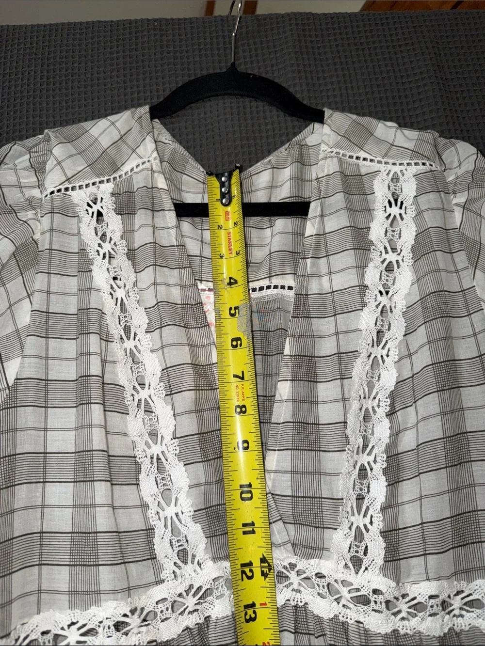 Free People NWT Gray Plaid Lace Trim Dress 100% Cotton